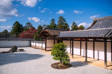 Sonbahar yeşillikleri ve Manshuin Monzeki Tapınağı verandasından mavi gökyüzü manzaralı bir kaya bahçesi, Kyoto, Japonya. Sonbahar sezonunda Kansai 'yi gezmek için ünlü bir tatil beldesi..