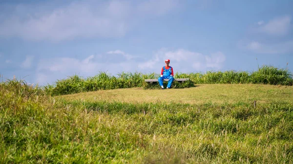 Mario üniformalı Japon adam Daikanbo Gözlemevi 'nin dağlık zirvesinde mavi gökyüzüne karşı sandalyede oturuyor. Ünlü anime oyun karakteri, Kumamoto, Japonya