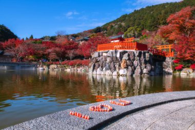 Daruma bebekleri, Japonya 'nın Minoh kentindeki Katsuo-ji tapınağındaki gölet ve renkli sonbahar yaprağı bahçesinde toplanın. Sonbahar mevsiminde Kansai 'yi görmek için seyahat yeri. Zafer tapınağı.