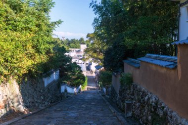 Iconic Kanjoba no Saka yamacında eski korunmuş Kitsuki kasabası ve kalesi, Oita vilayeti, Kyushu, Japonya. Kyushu 'nun doğusunu gezmek için ünlü bir seyahat yeri..