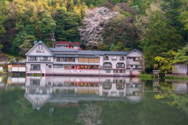Torii kapısı ve Kinrin Gölü 'nün yanında pembe kiraz çiçekli ikonik otel. Oita Bölgesi, Kyushu, Yufuin, Japonya 'daki ünlü tatil beldesi Yufuin.