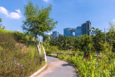 Queen Sirikit 'teki Pupha Mahanatee Parkı' nda, başkent, Tayland askeri bankası ve BTS ile, Bangkok Mass Transit Sistemi, mavi gökyüzüne karşı modern binalar. Bangkok, Tayland 'da ünlü bir seyahat merkezi.