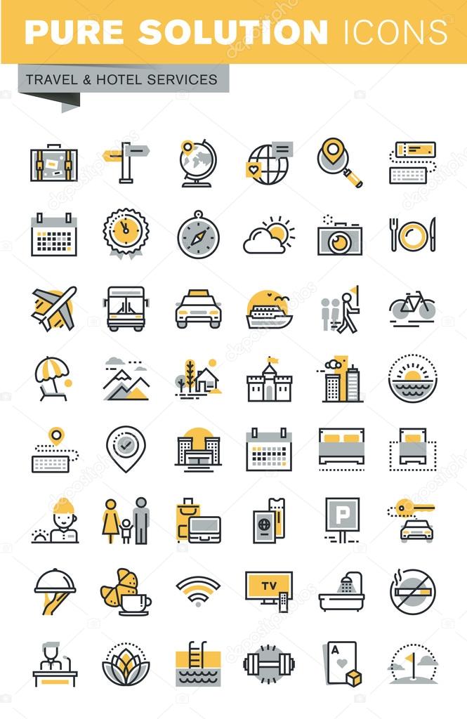 Set of modern vector thin line travel icons. Modern vector logo pictogram and infographic design elements collection. Outline icon collection for website and app design.