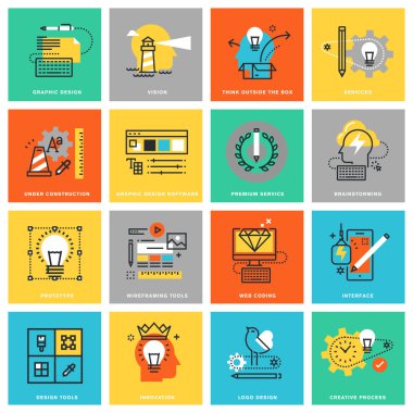 Grafik ve web tasarım hizmetleri ve araçları, yenilik ve yaratıcı süreç için çağdaş ince çizgi düz tasarım simgeler