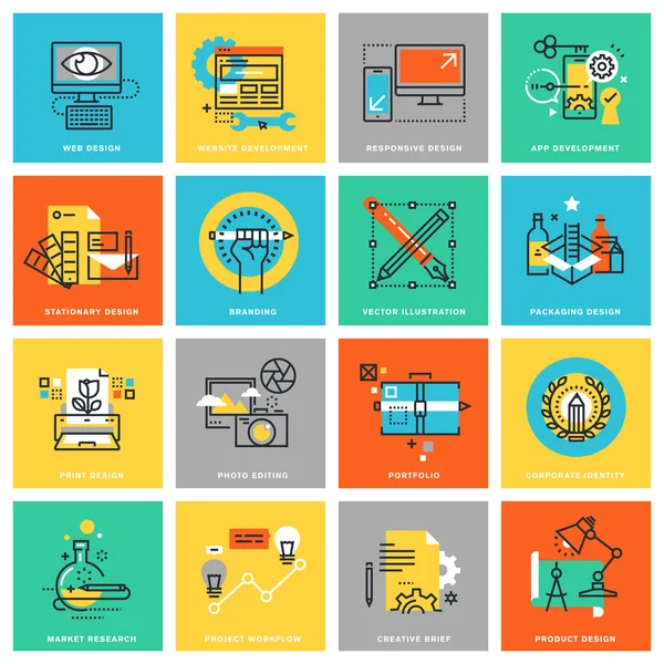 Kurumsal kimlik, grafik tasarım süreci, Pazar araştırması, web tasarım ve uygulama geliştirme için çağdaş ince çizgi düz tasarım simgeler