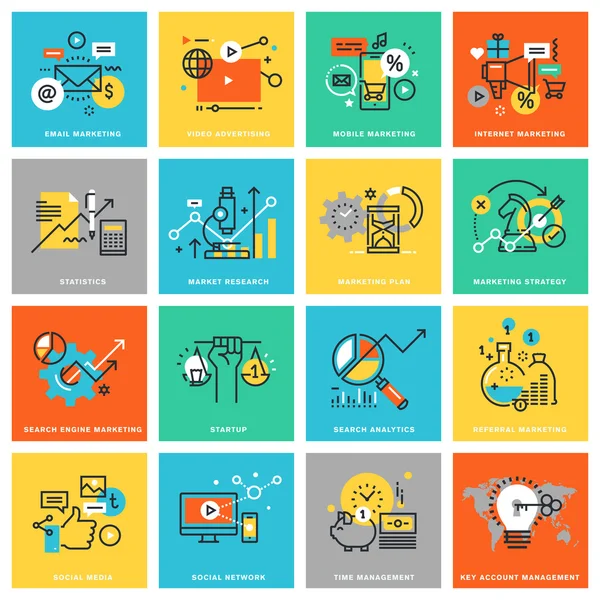 Icônes plates de conception de ligne mince pour le marketing numérique — Image vectorielle