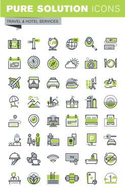 İnce çizgi Icons set seyahat hedef, otel hizmetleri
