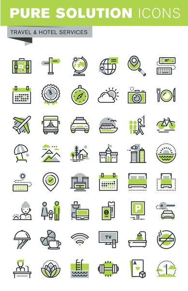 Thin line icons set of travel destination, hotel services