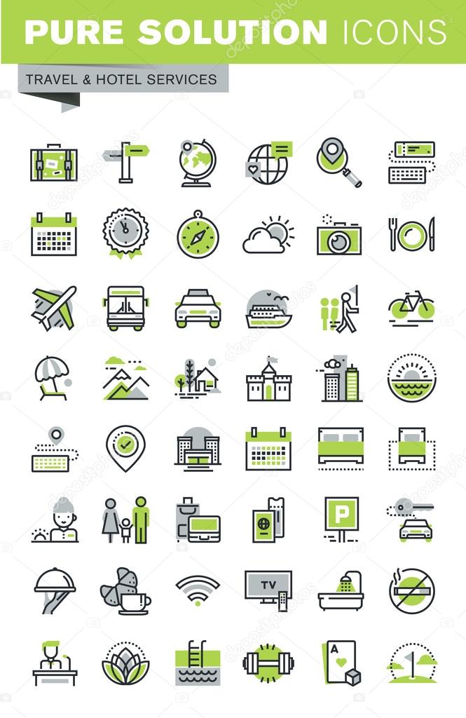 Thin line icons set of travel destination, hotel services