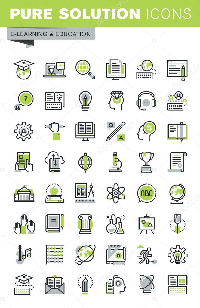 Thin line icons set of distance education, online training and courses