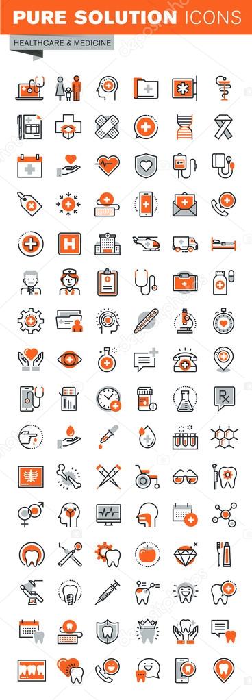 Set of thin line web icons for graphic and web design and development. Icons of clinic and hospital facilities, pharmacy, laboratory tests, medical equipment and supplies, dental care theme