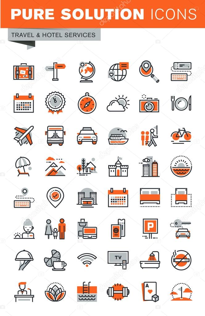 Set of thin line web icons for hotel services and facilities, online booking, travel information, sport and leisure activities, tours, air travel to cruise, summer and winter vacation, city break.