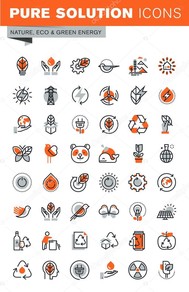 Set of thin line icons of environment, green energy, biodegradable materials, nature protection, recycling