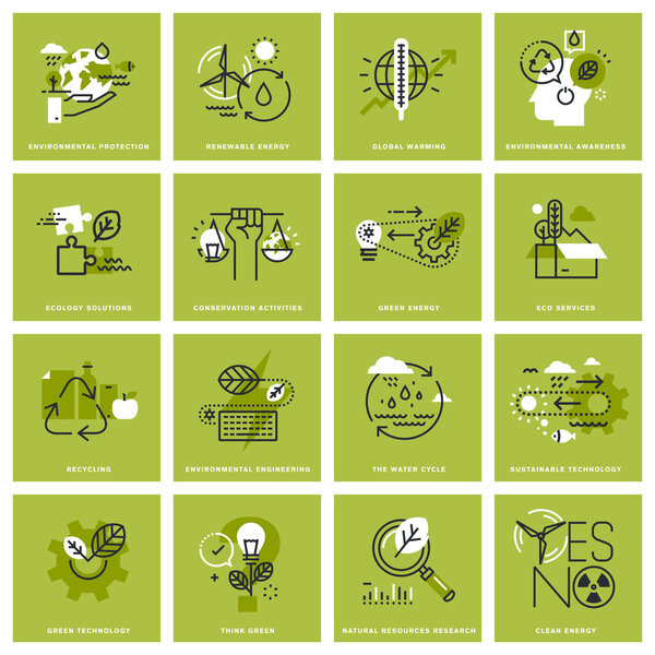 Set of thin line concept icons of environment, renewable energy, sustainable technology, recycling, ecology solutions