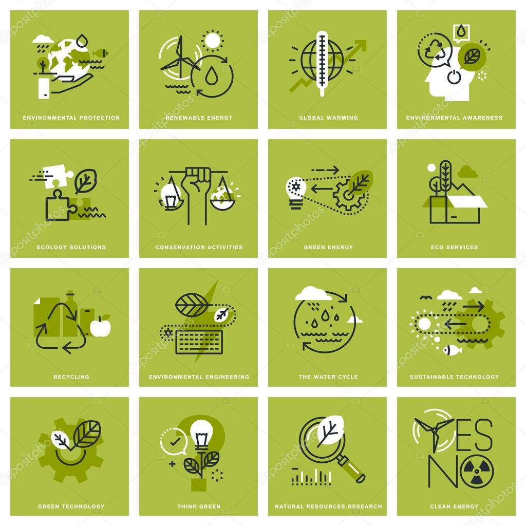 Set of thin line concept icons of environment, renewable energy, sustainable technology, recycling, ecology solutions. Premium quality icons for website, mobile website and app design.