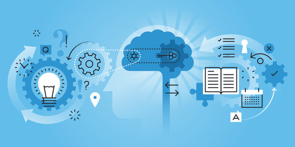 Flat line design website banner of learning process, brain process, creativity, innovation, learn to think