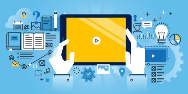 Online eğitim, video eğitim, online eğitim ve kurslar Düz çizgi tasarım web sitesi afiş