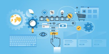 Flat line design website banner of online shopping procedure.