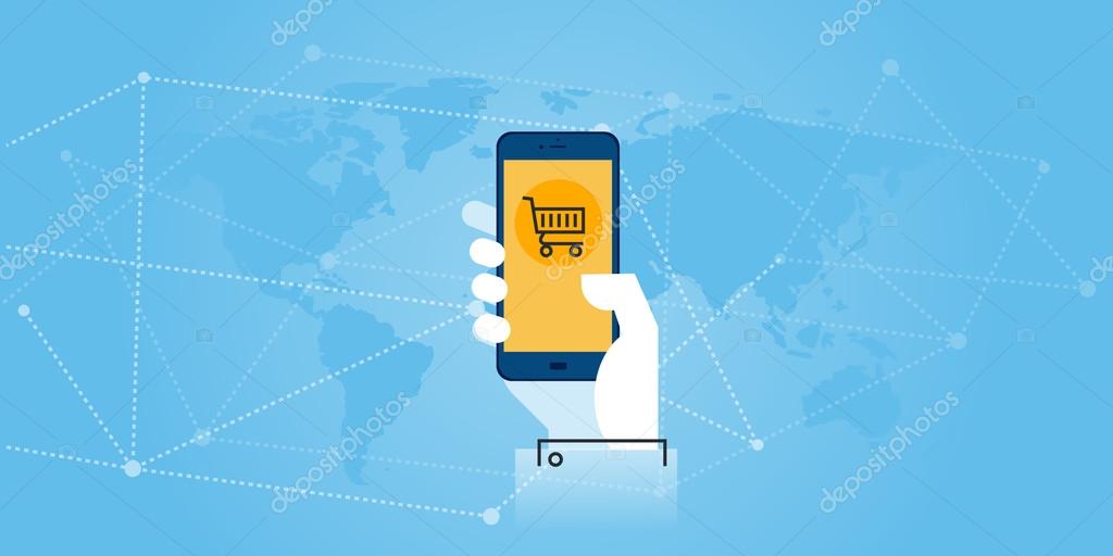 Flat line design website banner of mobile commerce. Modern vector illustration for web design, marketing and print material.