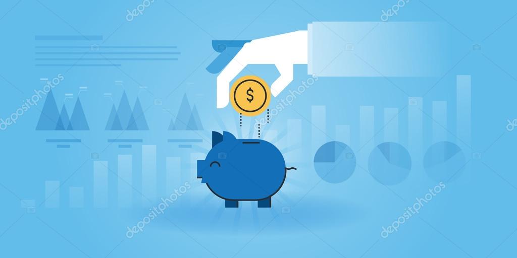 Flat line design website banner of banking, saving money, investment. Modern vector illustration for web design, marketing and print material.