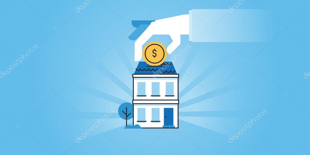 Flat line design website banner of housing loans, banking, saving money for a real estate, investment. Modern vector illustration for web design, marketing and print material.