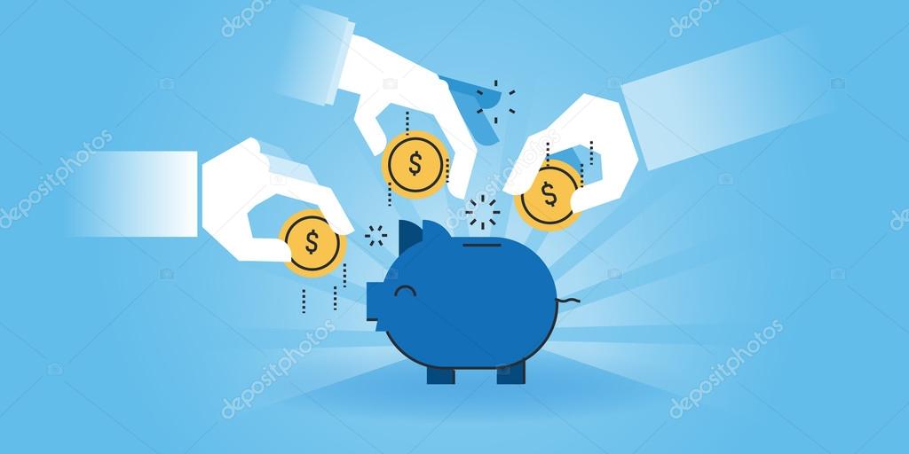Flat line design website banner of family savings, banking, saving money, investment. Modern vector illustration for web design, marketing and print material.