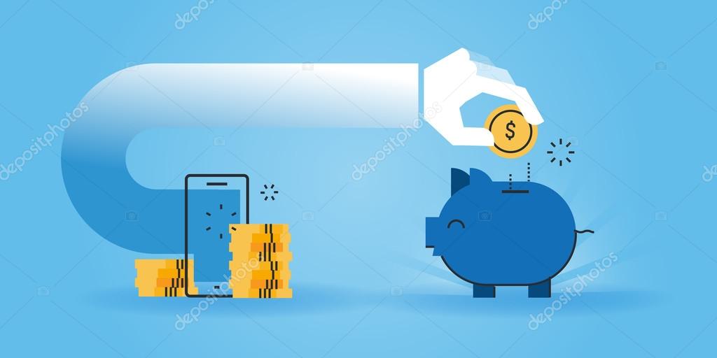 Flat line design website banner of saving money while shopping online, cheap online shopping. Modern vector illustration for web design, marketing and print material.