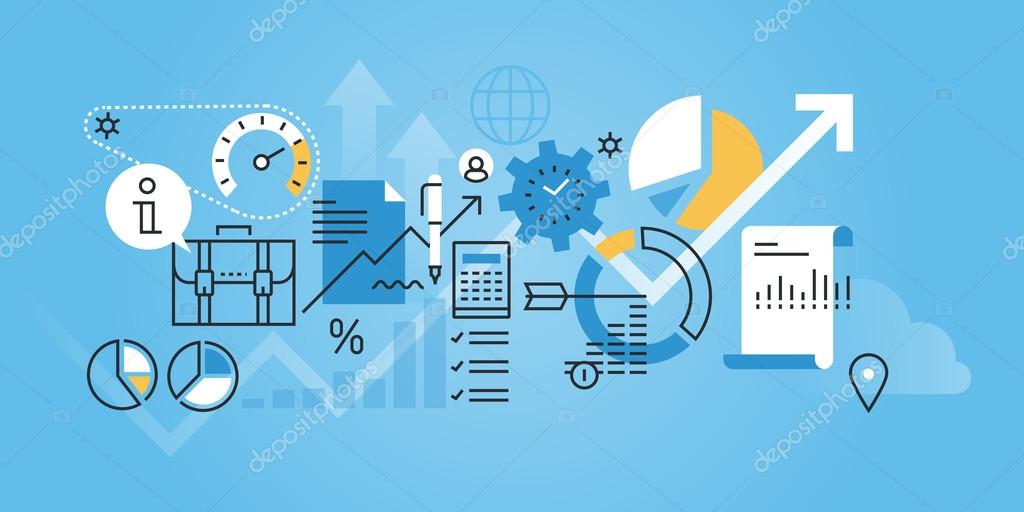 Flat line design website banner of business analysis and planning. Modern vector illustration for web design, marketing and print material.