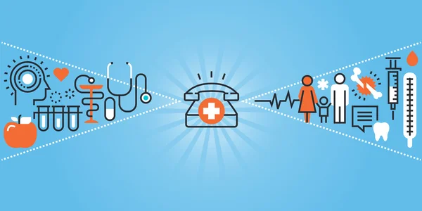 Platte lijn ontwerp website banner van voorzieningen voor gezondheidszorg, kliniek en ziekenhuis — Stockvector