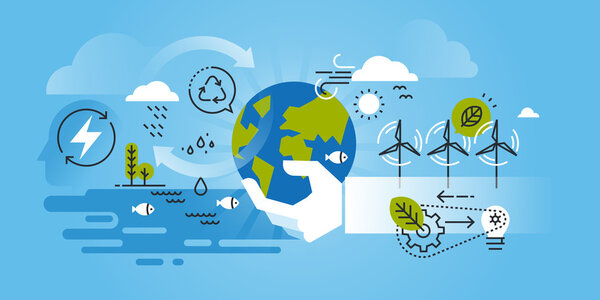Flat line design website banner of environment, renewable energy, green technology, biosphere conservation.