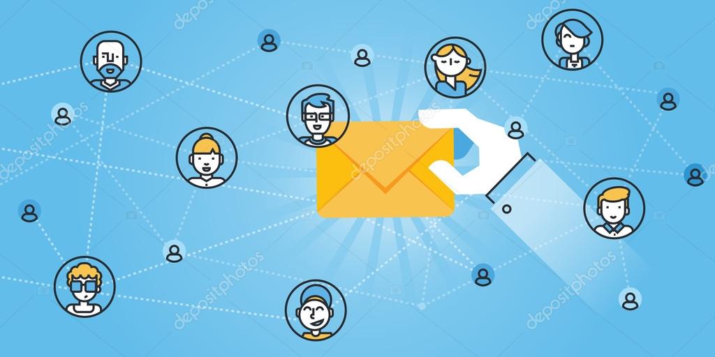 Flat line design website banner of e-mail services, e-mail protection, anti-malware app. Modern vector illustration for web design, marketing and print material.