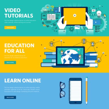 Uzaktan eğitim, online öğrenme, video eğitimleri için düz çizgi tasarım web afiş seti