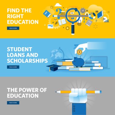 Eğitim, öğrenci kredileri, burslar, eğitim ve meslek seçimi için düz çizgi tasarım web afiş seti