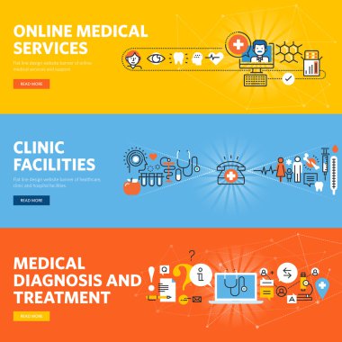 Online tıbbi tanı ve tedavi, online hizmetler, hastane ve klinik tesisleri için düz hat tasarım web afiş seti