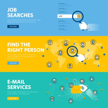 İş aramaları, insan kaynakları, e-posta hizmetleri, profesyonel beceri, istihdam olanakları, kariyer için düz çizgi tasarım web afiş seti.
