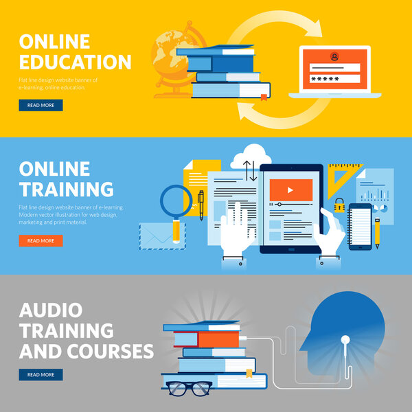 Set of flat line design web banners for online education, online training and courses.