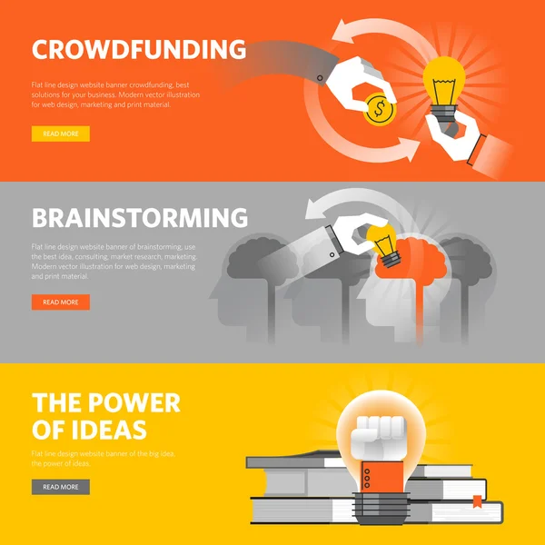 Set of flat line design web banners for crowdfunding, brainstorming, big idea — Stockvector