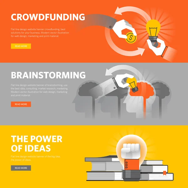 Set di banner web design flat line per crowdfunding, brainstorming, grande idea — Vettoriale Stock