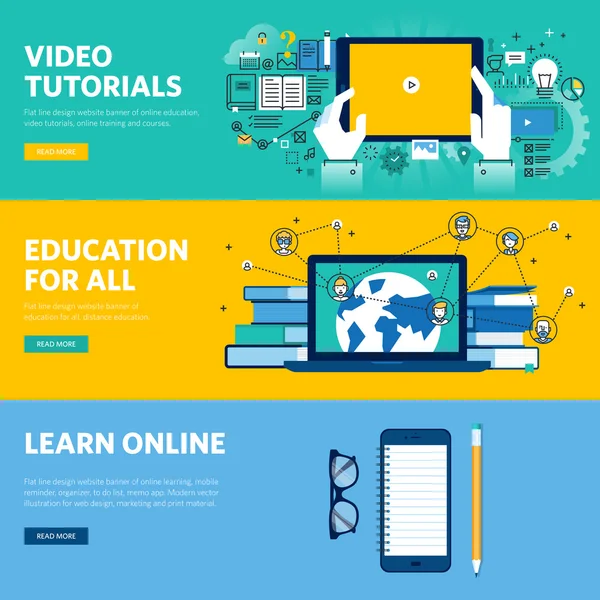 Conjunto de banners web de diseño de línea plana para educación a distancia, aprendizaje en línea, video tutoriales — Vector de stock