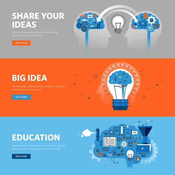 Ensemble de bannières Web de conception de lignes plates pour le processus d'apprentissage, le remue-méninges, l'échange d'idées, d'expériences, de connaissances — Image vectorielle