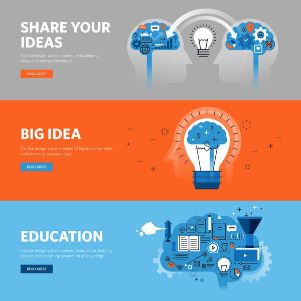 Set of flat line design web banners for learning process, brainstorming, exchanging ideas, experiences, knowledge
