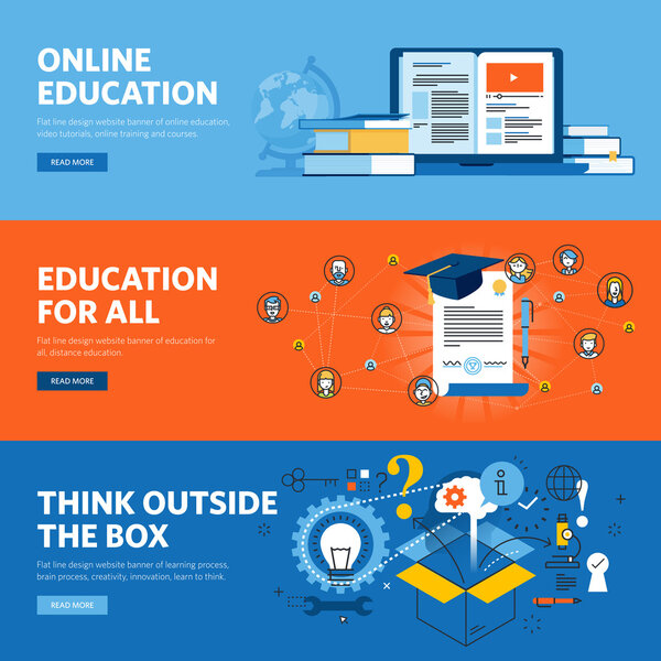 Set of flat line design web banners for online education