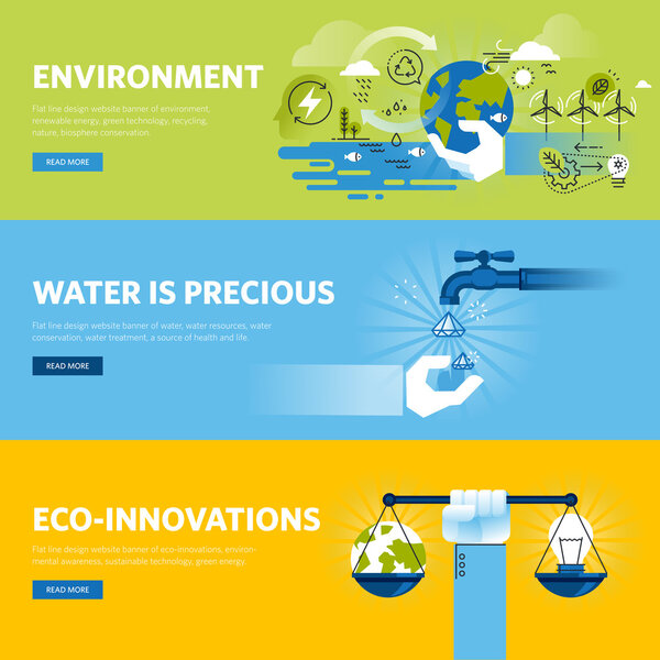 Set of flat line design web banners for environment, renewable energy, green technology, ecology