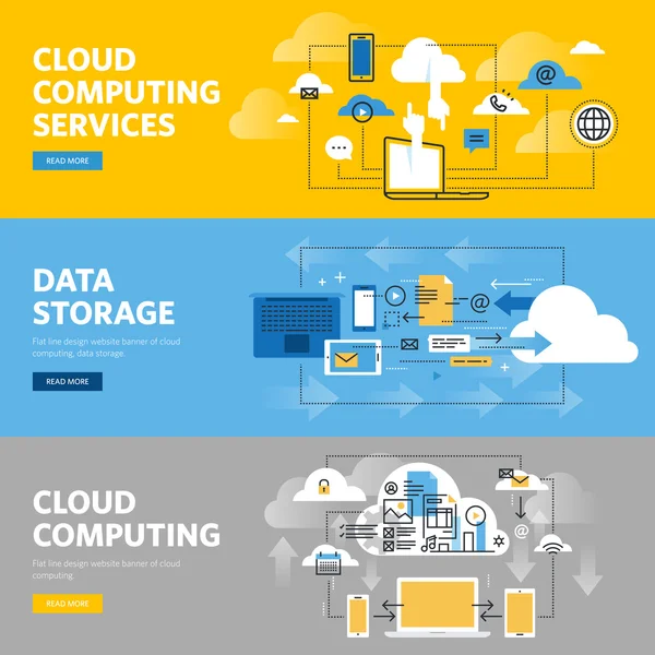 Düz çizgi tasarım web dizi afiş bulut bilgi işlem hizmetleri ve teknoloji, veri depolama için — Stok Vektör