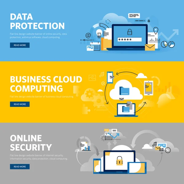 Set van platte lijn ontwerp webbanners voor gegevensbescherming, internetbeveiliging, antivirussoftware en-services, Business Cloud Computing — Stockvector