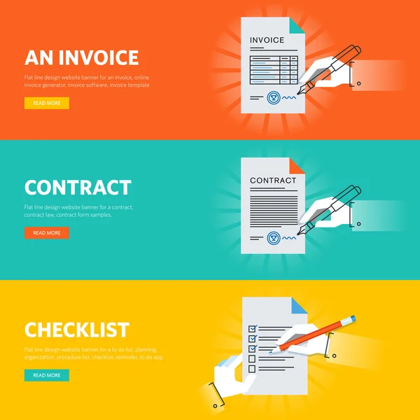 Ensemble de bannières Web de conception de ligne plate pour les documentations d'entreprise, échantillons et modèles de formulaire de document, générateur de documents en ligne et application — Image vectorielle