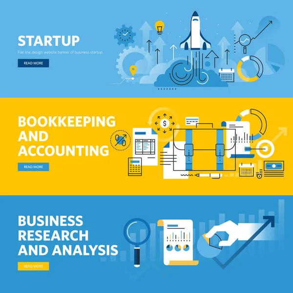 Set van platte lijn ontwerp webbanners voor het bedrijf startup, financiën, boekhouding en boekhouding, Business Research en analyse — Stockvector