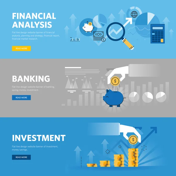 Flat Line Design Web Banner für Banken und Finanzen, Investitionen, Marktforschung, Finanzanalyse, Ersparnisse — Stockvektor