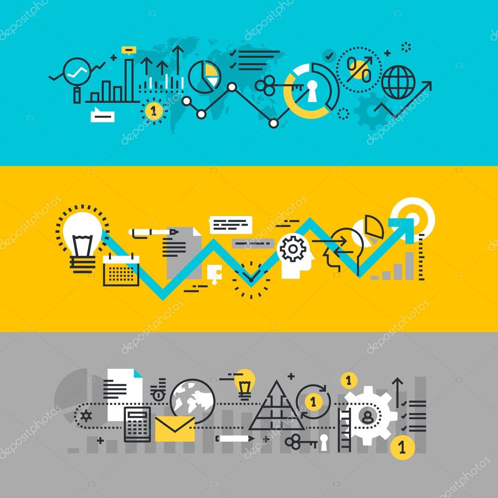 Set of flat line design web banners for business process, development process from idea to realization, market research. Vector illustration concepts for web design, marketing, and graphic design.