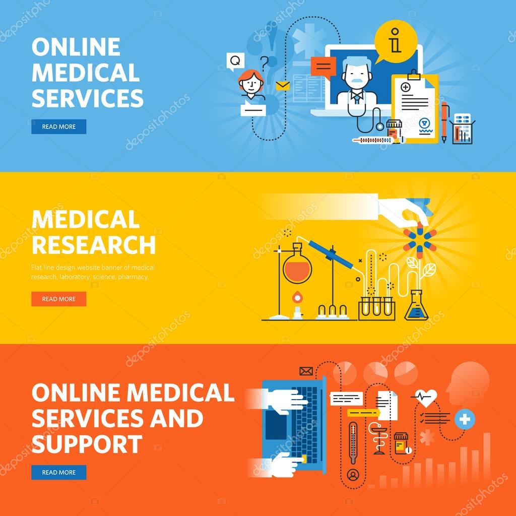 Set of flat line design web banners for online medical services and